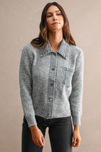 Denim Collar Trim Detail Sweater Cardigan Top (Grey)
