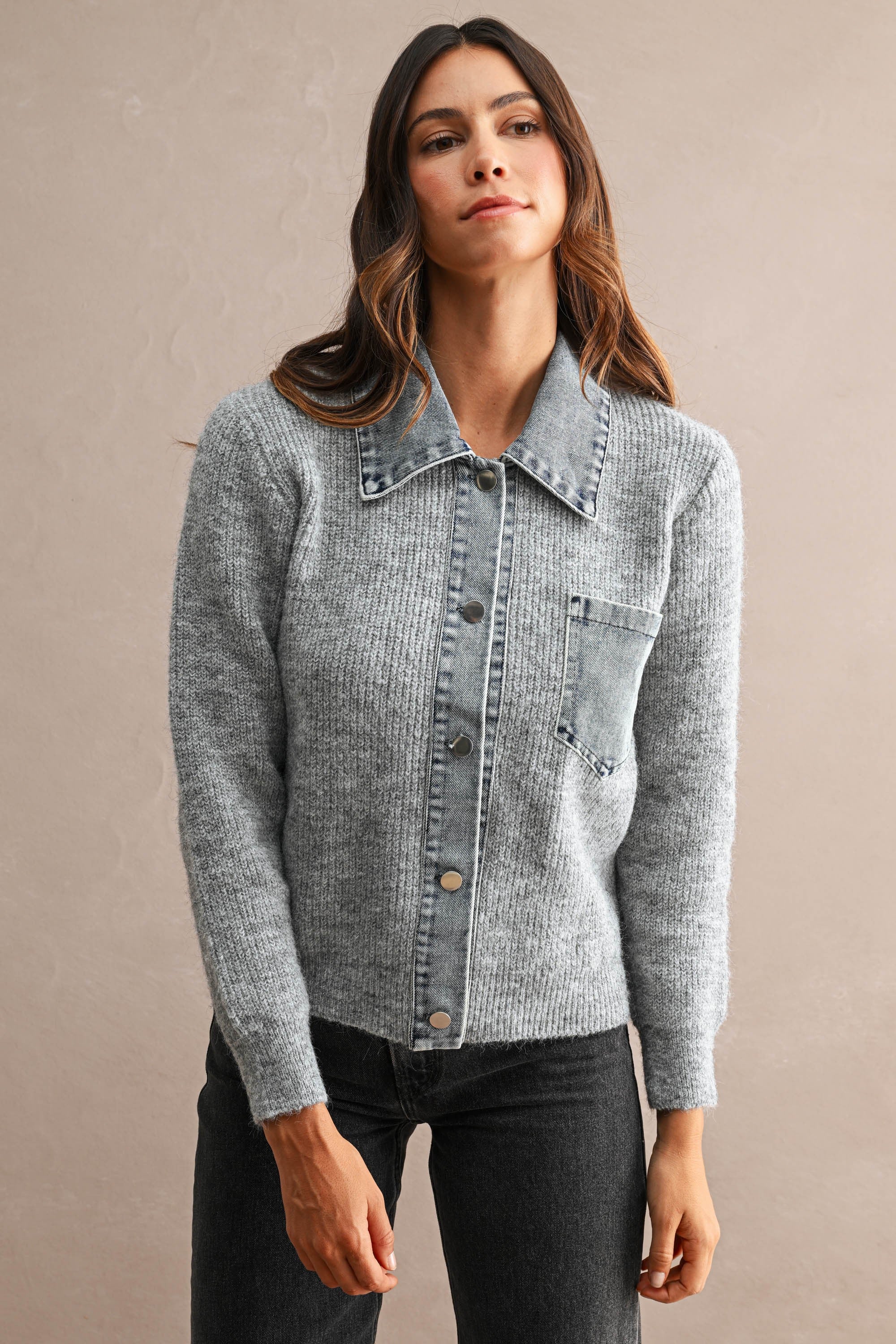 Denim Collar Trim Detail Sweater Cardigan Top (Grey)