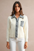 Denim Collar Trim Detail Sweater Cardigan Top (Cream)