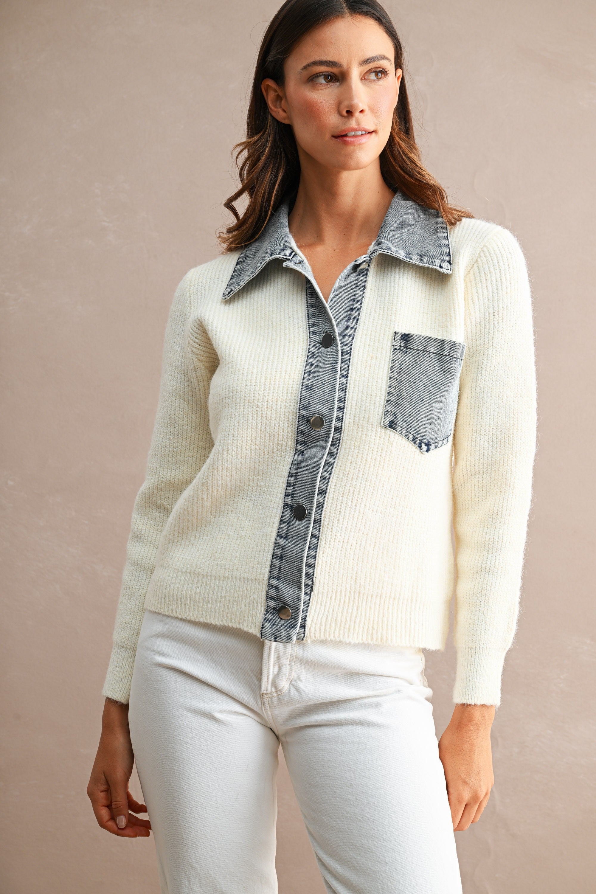 Denim Collar Trim Detail Sweater Cardigan Top (Cream)