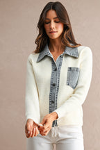 Denim Collar Trim Detail Sweater Cardigan Top (Cream)