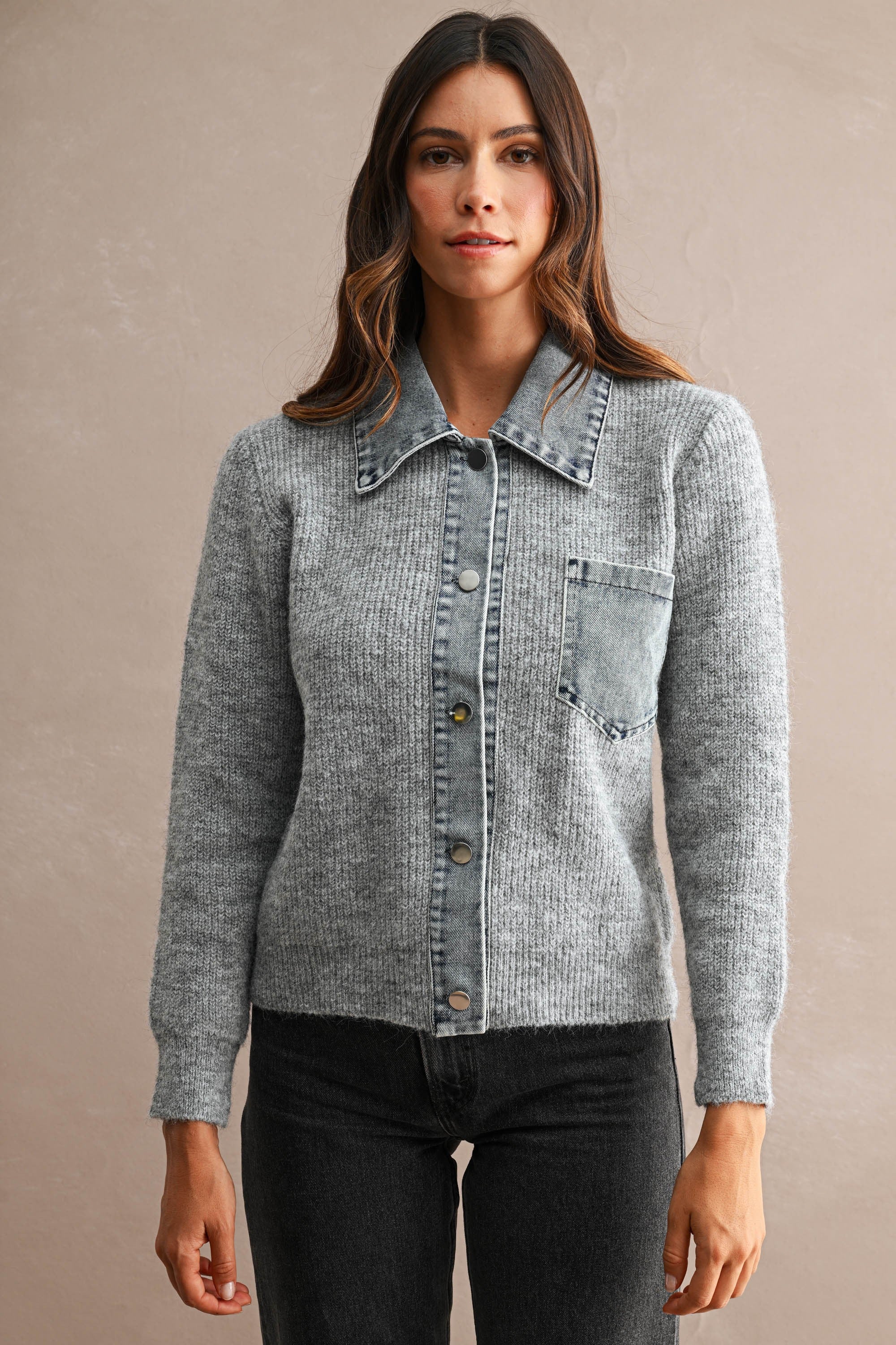 Denim Collar Trim Detail Sweater Cardigan Top (Grey)