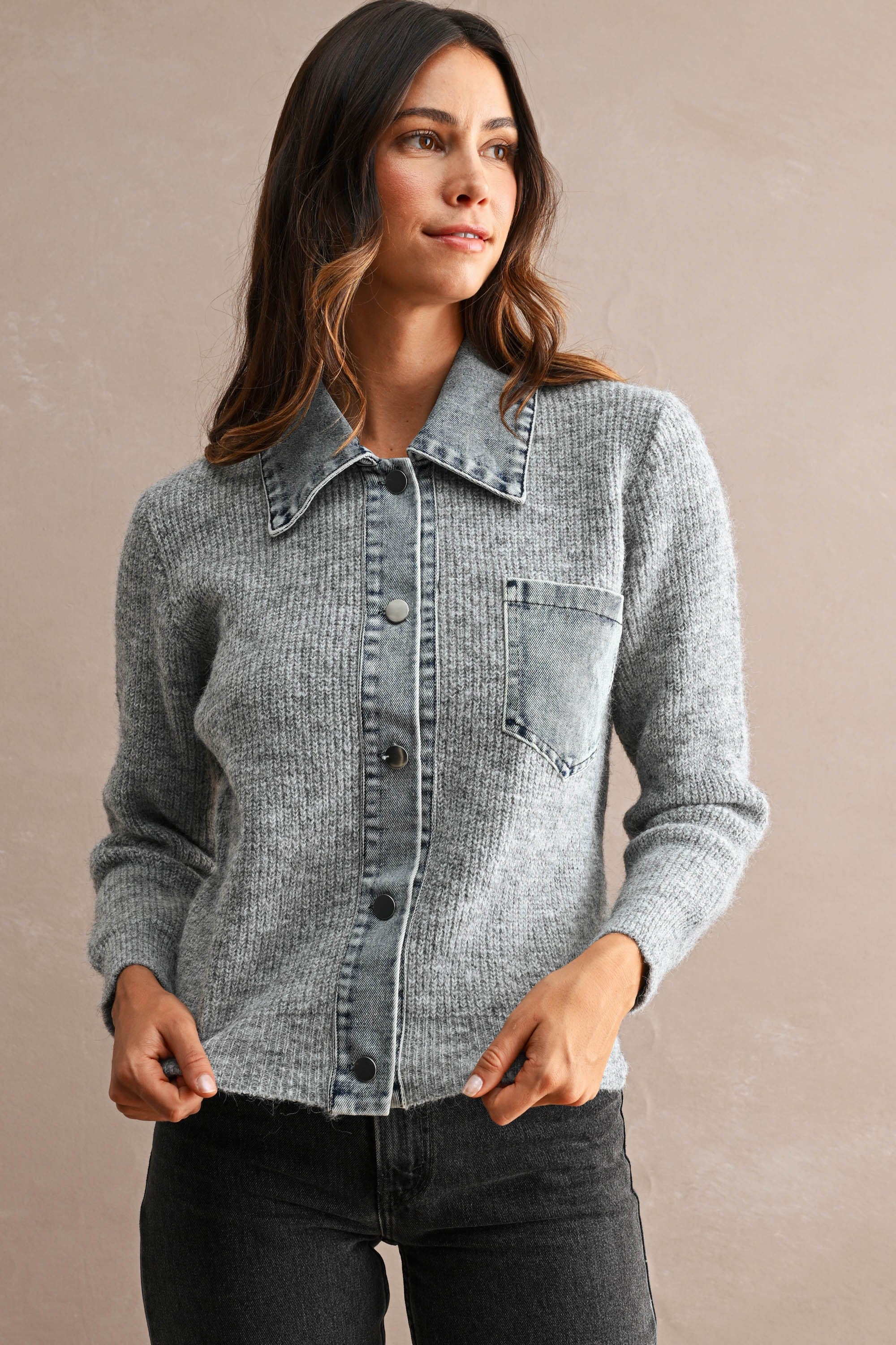 Denim Collar Trim Detail Sweater Cardigan Top (Grey) Secondary image