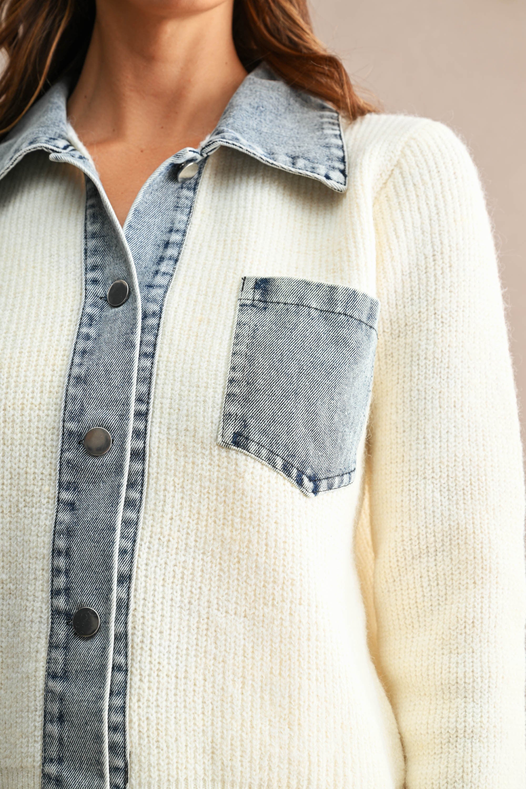 Denim Collar Trim Detail Sweater Cardigan Top (Cream)