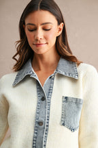 Denim Collar Trim Detail Sweater Cardigan Top (Cream)
