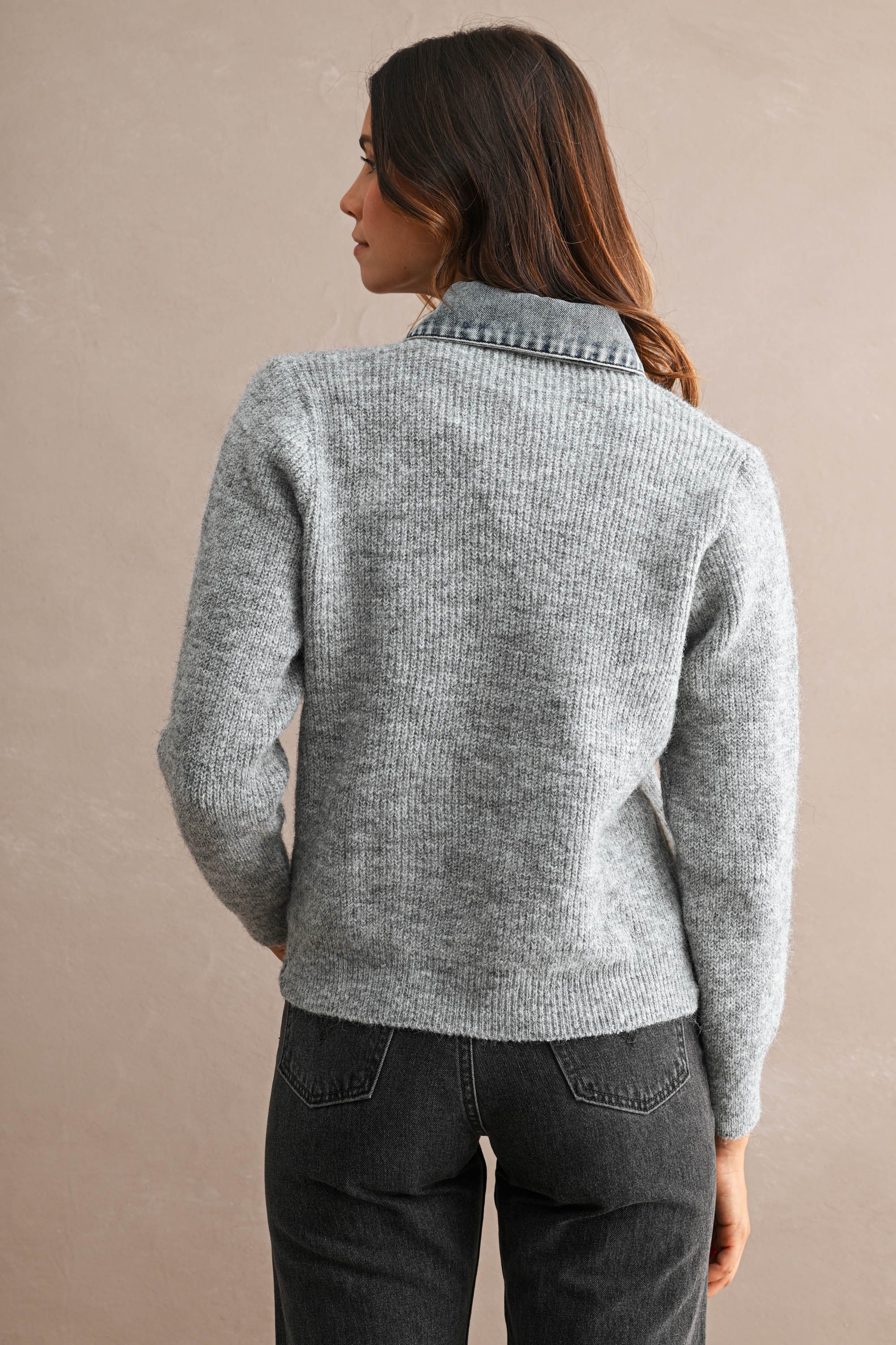 Denim Collar Trim Detail Sweater Cardigan Top (Grey)