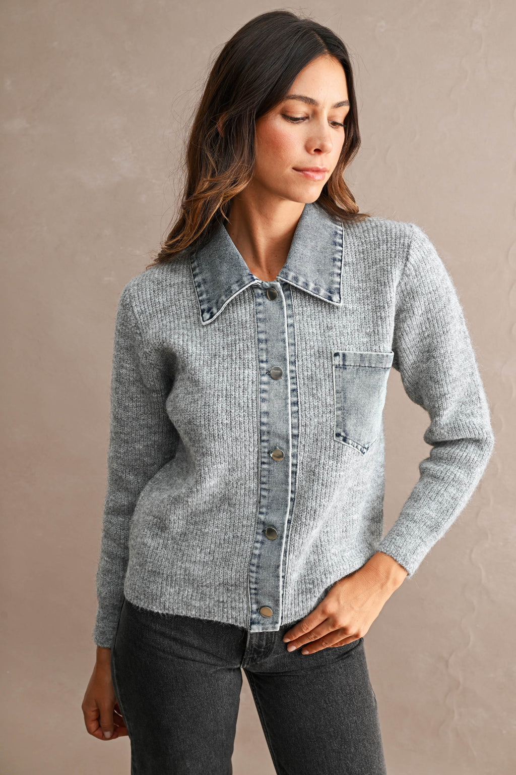 Denim Collar Trim Detail Sweater Cardigan Top (Grey)