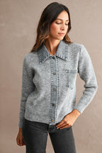 Denim Collar Trim Detail Sweater Cardigan Top (Grey)