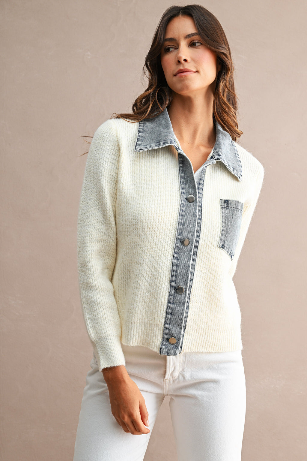 Denim Collar Trim Detail Sweater Cardigan Top (Cream)