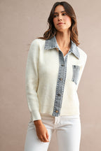 Denim Collar Trim Detail Sweater Cardigan Top (Cream)
