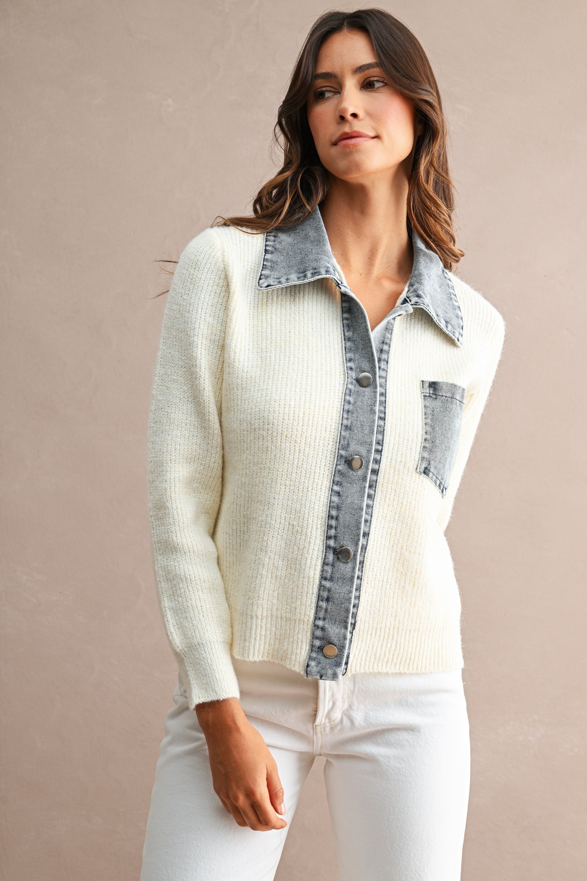 Denim Collar Trim Detail Sweater Cardigan Top (Cream)
