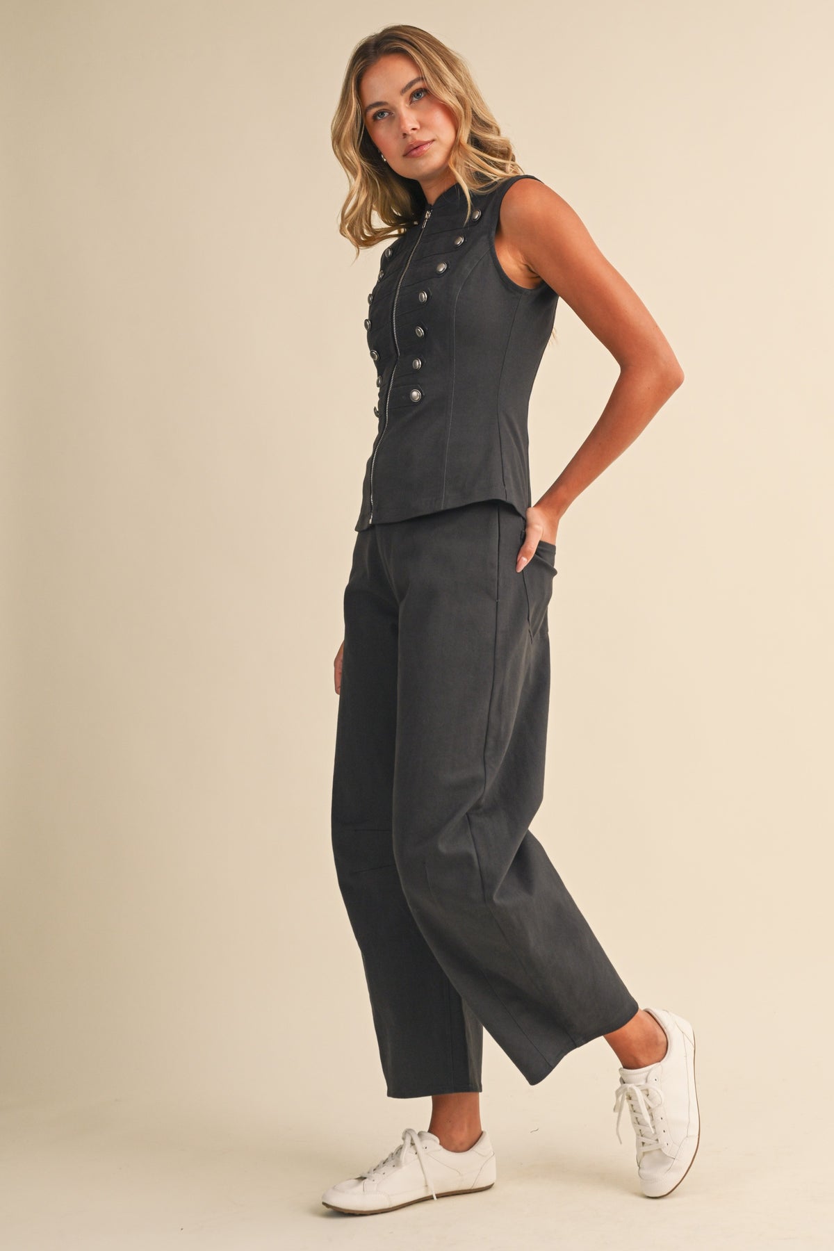 Stretch Twill Zip Front Napoleon Vest And Barrel Pants