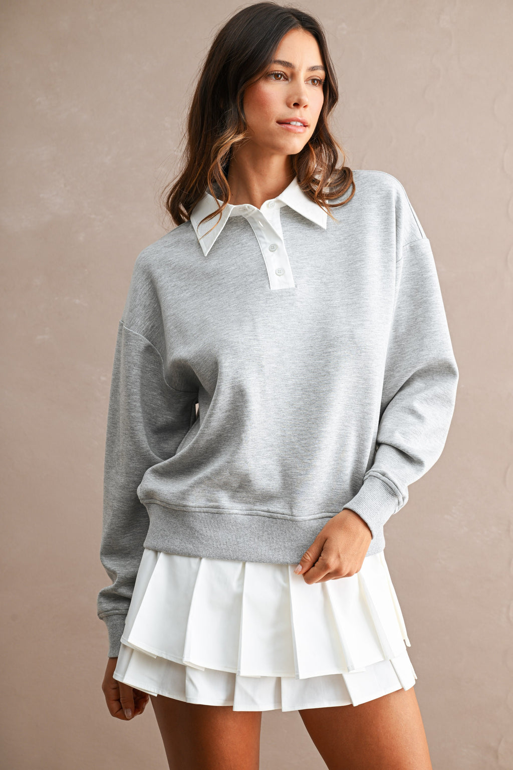 Contrast Collar Scuba Sweatshirt And Pleated Skirt Set