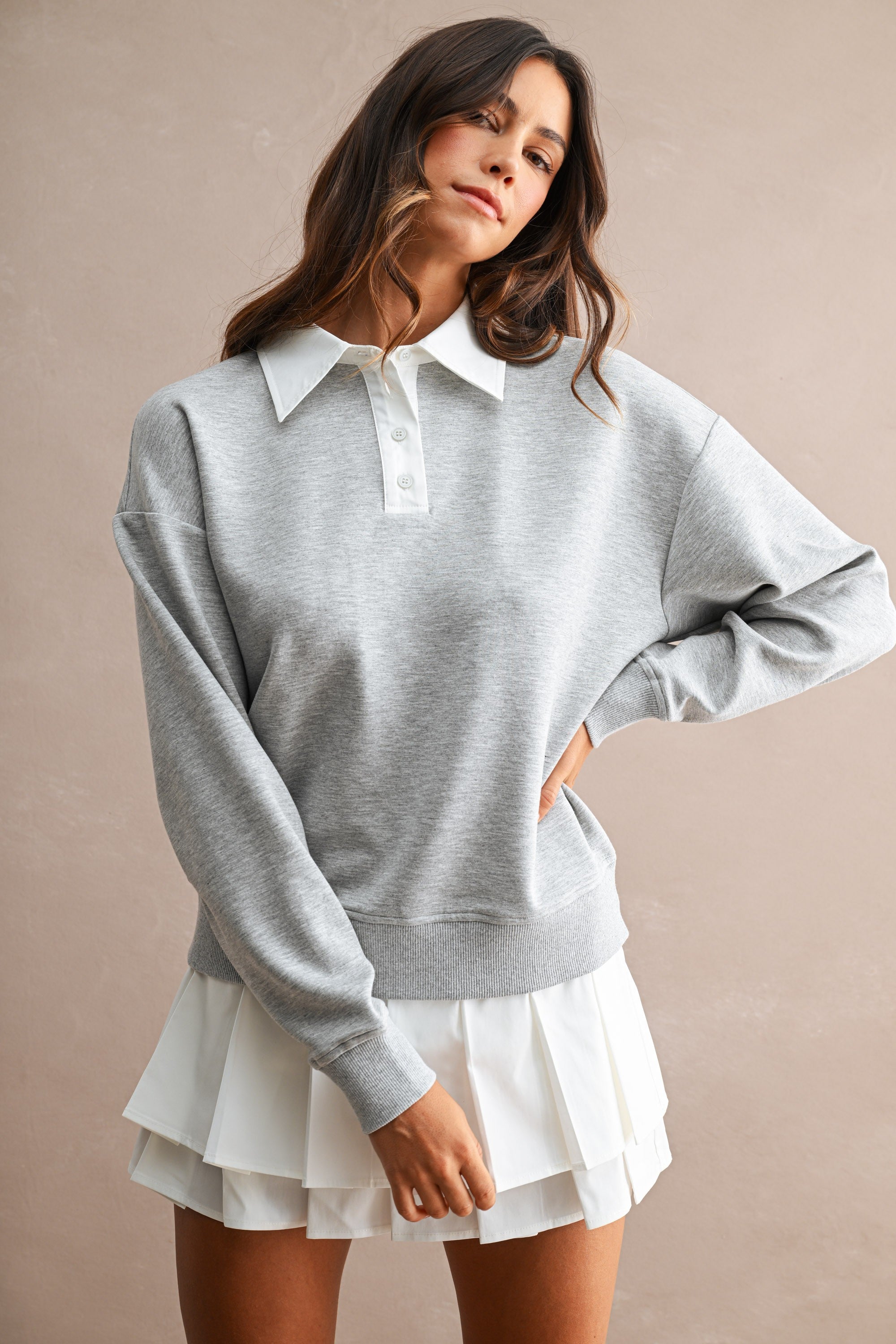 Contrast Collar Scuba Sweatshirt And Pleated Skirt Set
