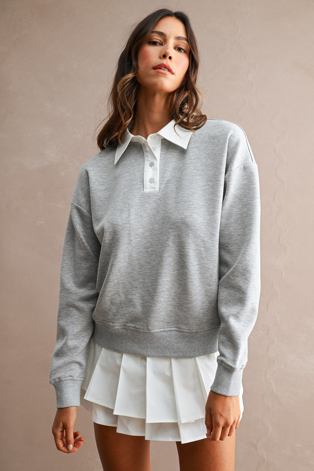 Contrast Collar Scuba Sweatshirt And Pleated Skirt Set