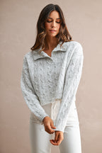 Collared Cable Knit Cropped Sweater (Light Heather Grey)