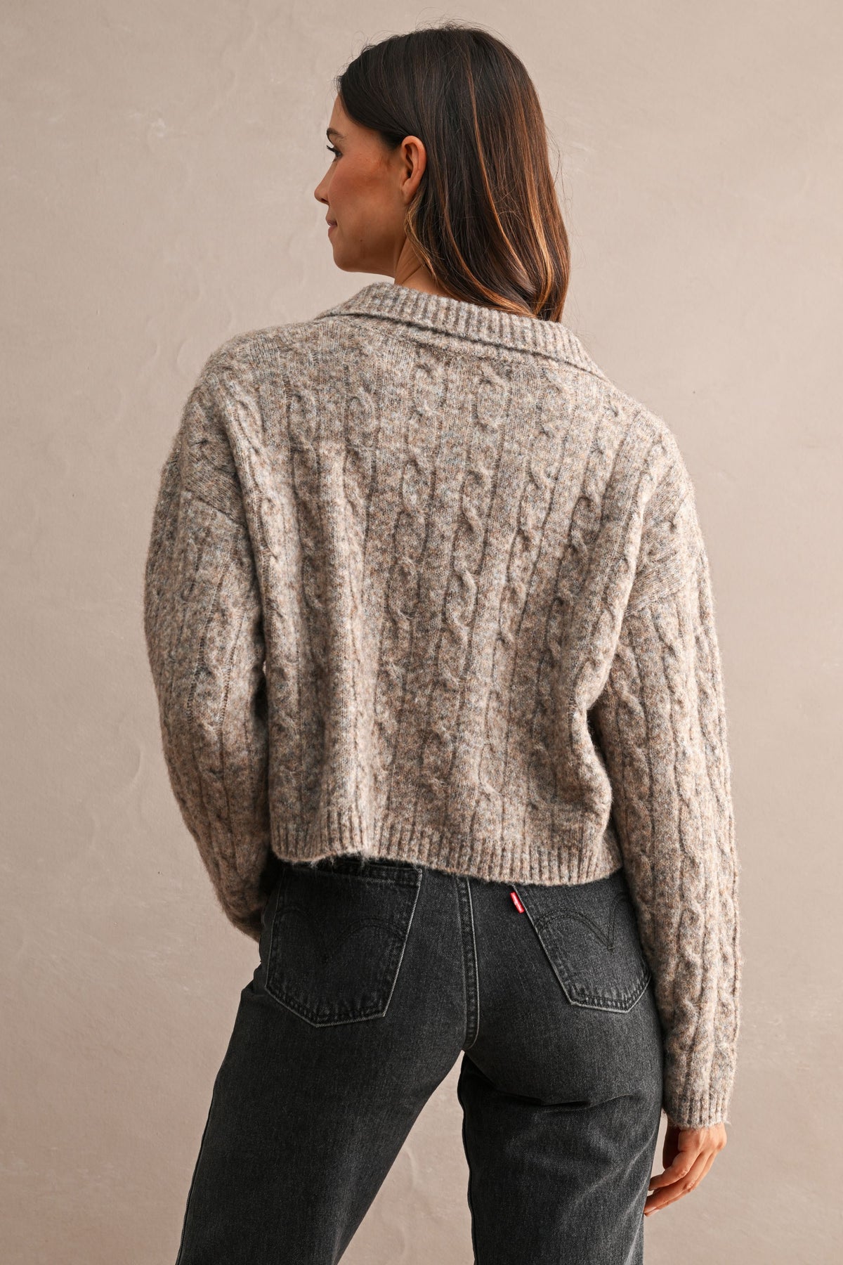 Collared Cable Knit Cropped Sweater (Mocha)