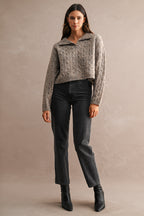 Collared Cable Knit Cropped Sweater (Mocha)