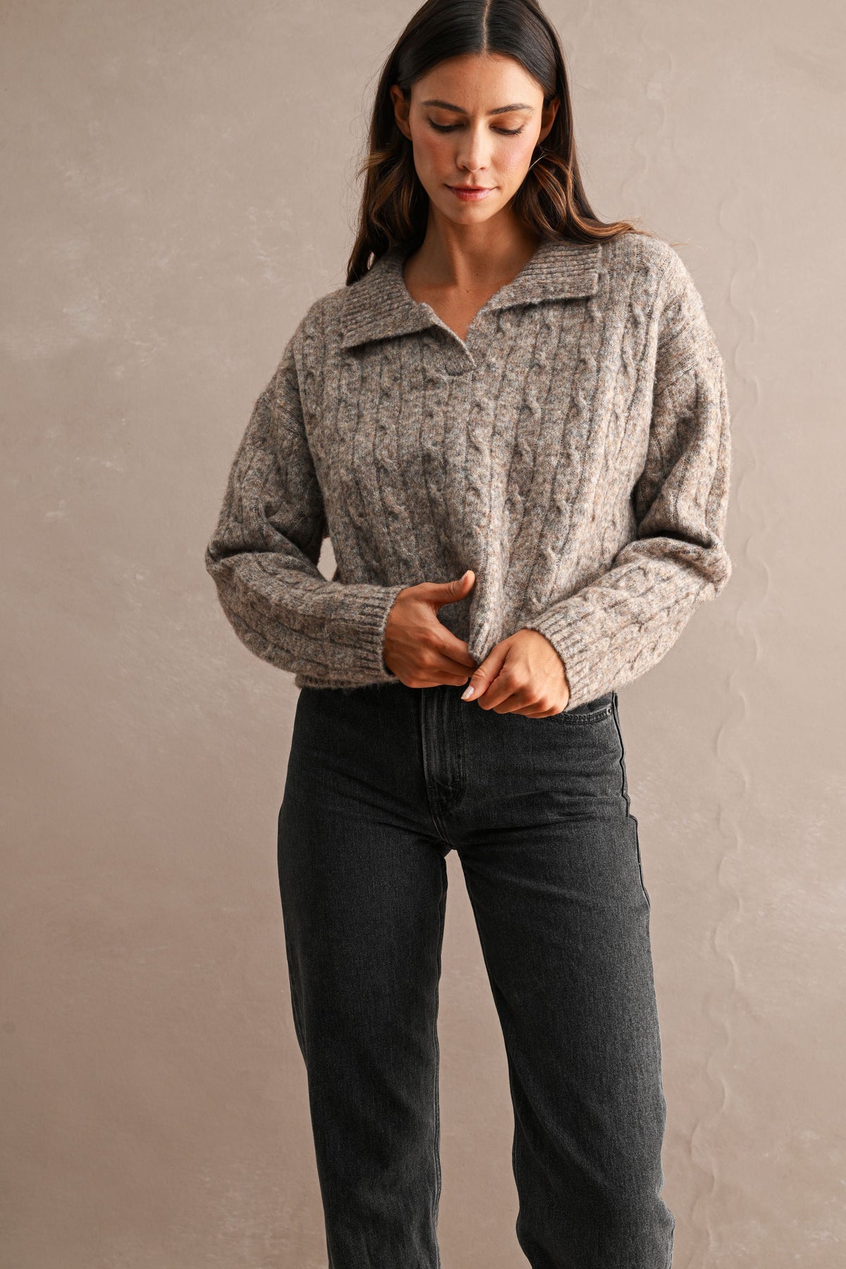 Collared Cable Knit Cropped Sweater (Mocha)