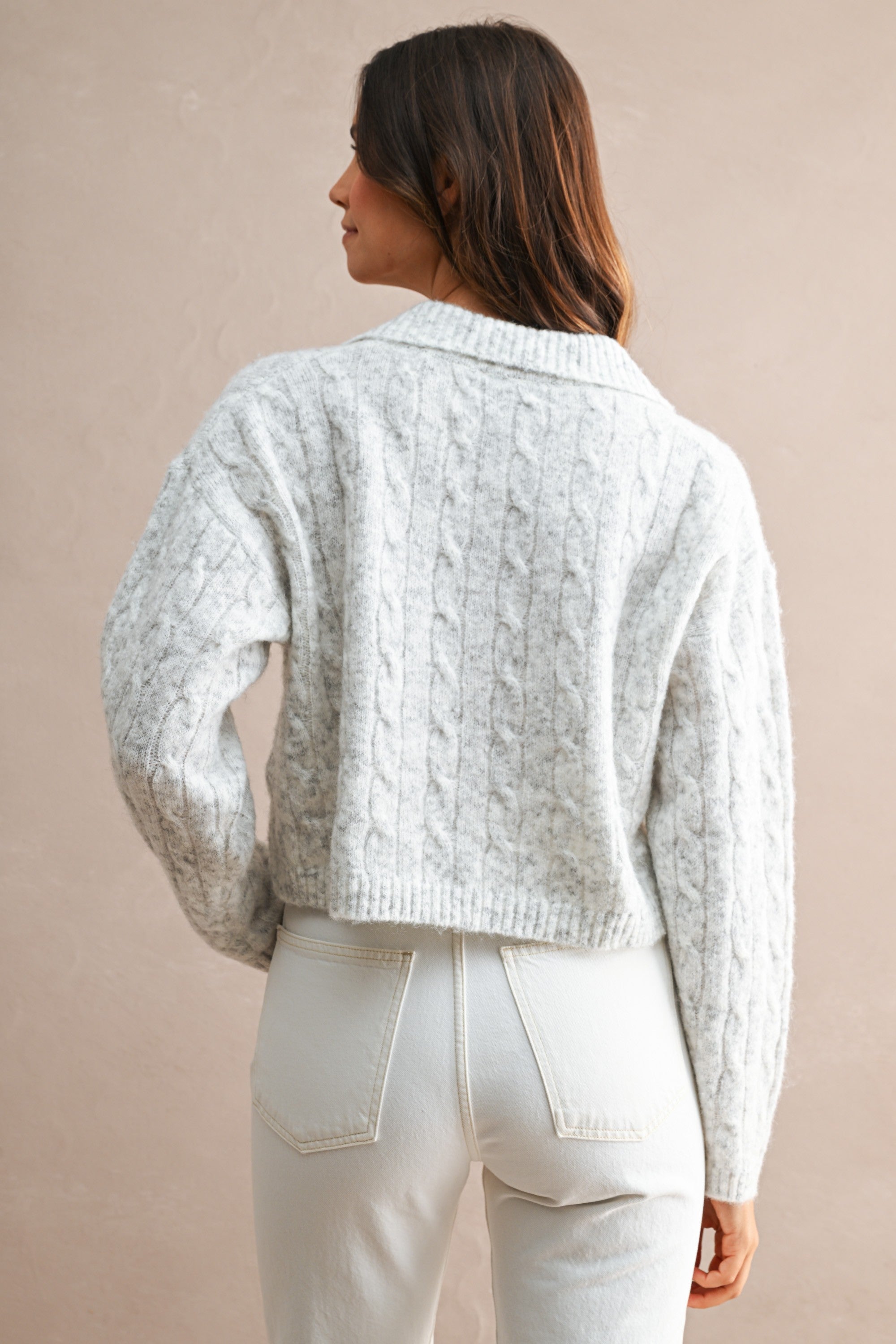 Collared Cable Knit Cropped Sweater (Light Heather Grey) Secondary image
