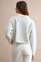 Collared Cable Knit Cropped Sweater (Light Heather Grey)