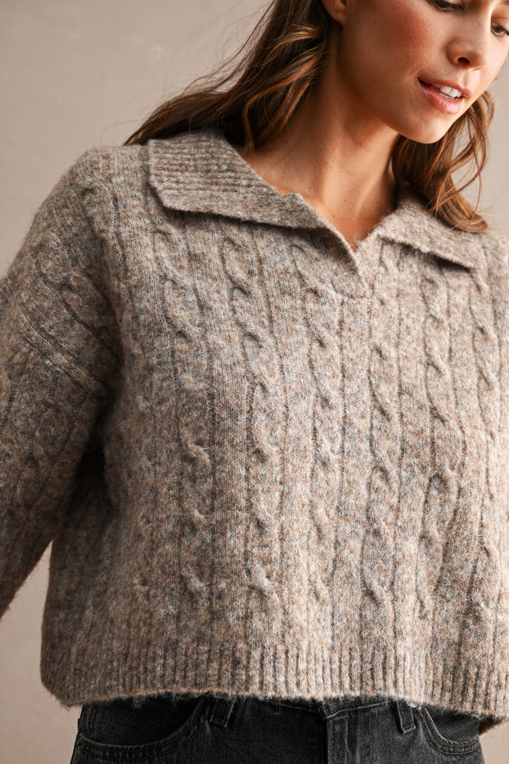 Collared Cable Knit Cropped Sweater (Mocha)