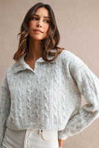 Collared Cable Knit Cropped Sweater (Light Heather Grey)