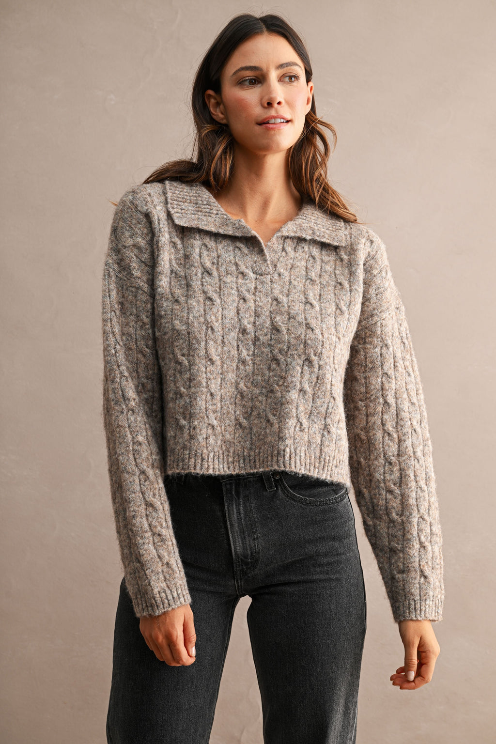Collared Cable Knit Cropped Sweater (Mocha)