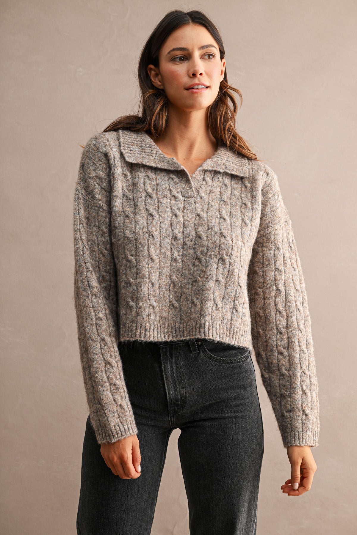 Collared Cable Knit Cropped Sweater (Mocha)