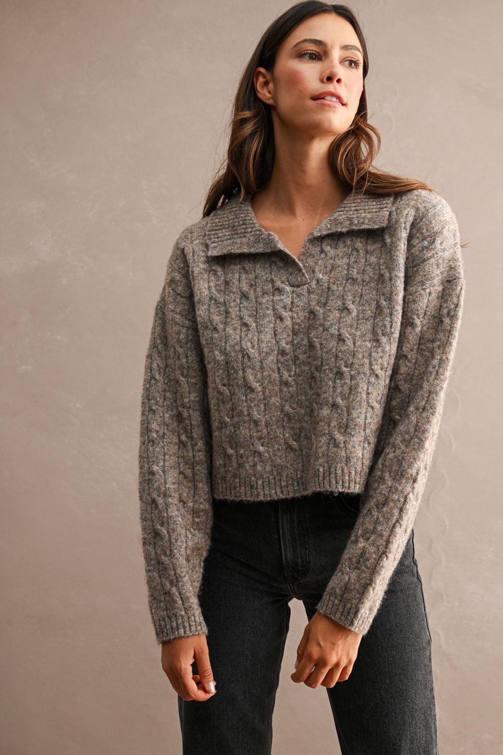 Collared Cable Knit Cropped Sweater (Mocha)