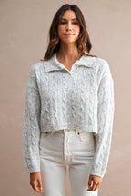 Collared Cable Knit Cropped Sweater (Light Heather Grey)