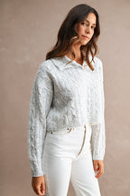 Collared Cable Knit Cropped Sweater (Light Heather Grey)