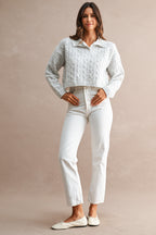 Collared Cable Knit Cropped Sweater (Light Heather Grey)