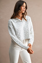 Collared Cable Knit Cropped Sweater (Light Heather Grey)