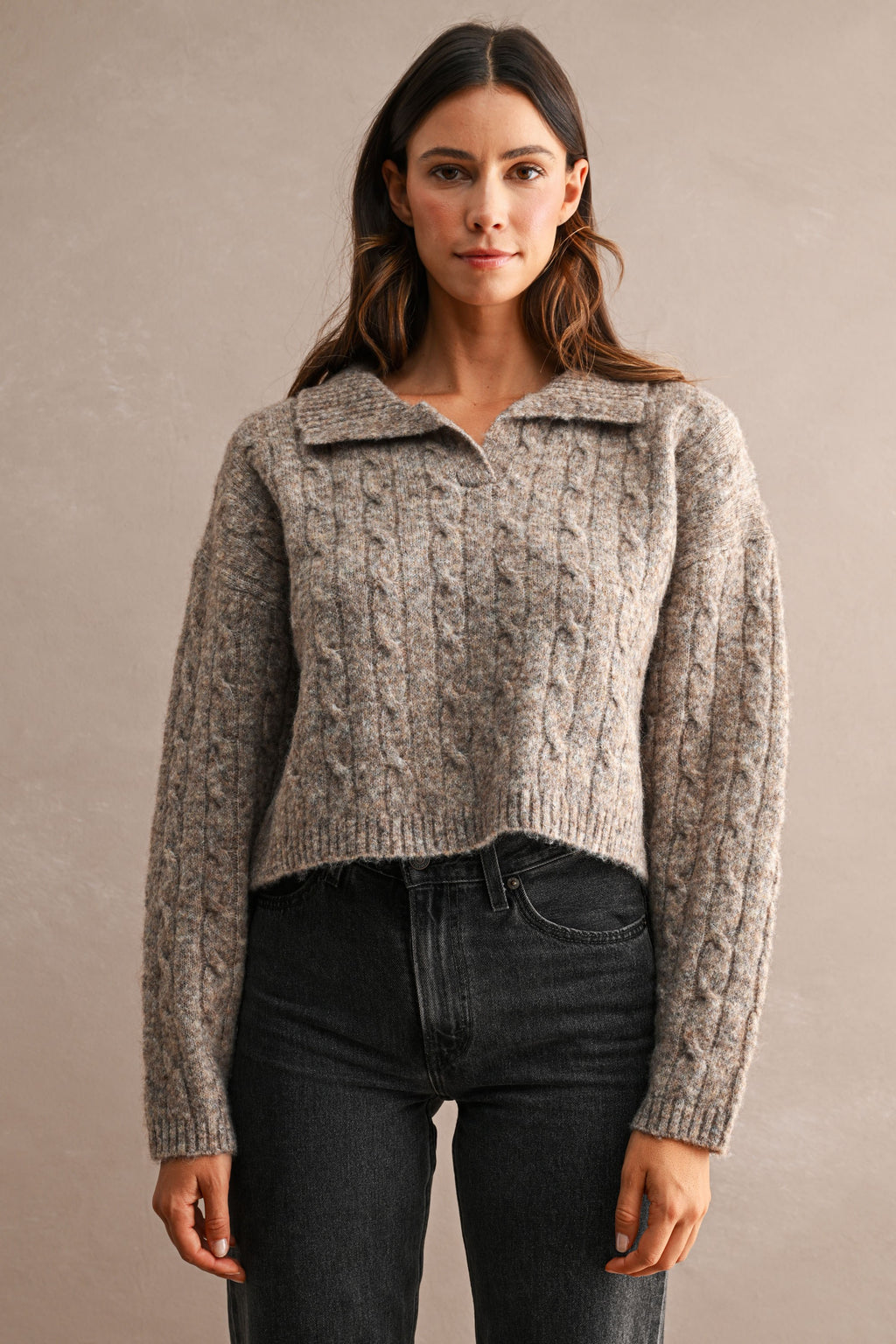 Collared Cable Knit Cropped Sweater (Mocha)