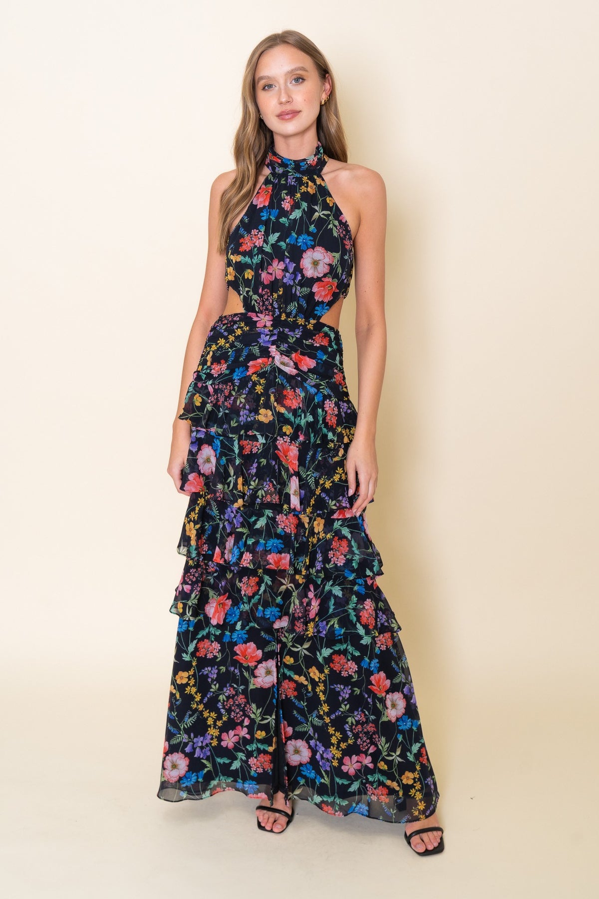 High Neck Halter Waist Cut-out Floral Ruffle Maxi Dress