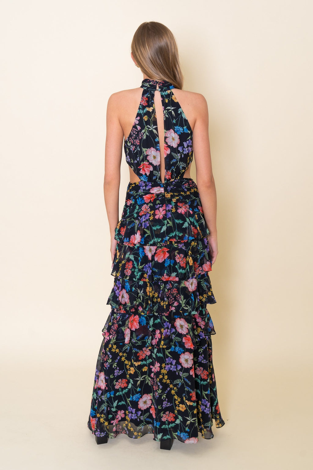High Neck Halter Waist Cut-out Floral Ruffle Maxi Dress