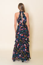 High Neck Halter Waist Cut-out Floral Ruffle Maxi Dress