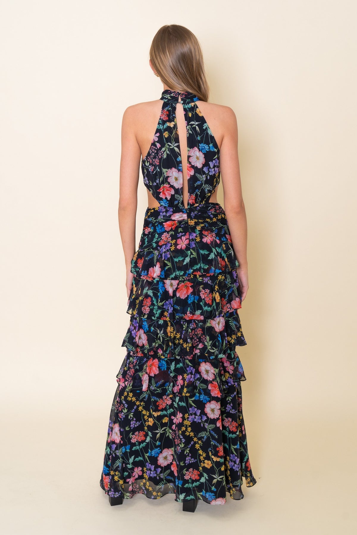 High Neck Halter Waist Cut-out Floral Ruffle Maxi Dress