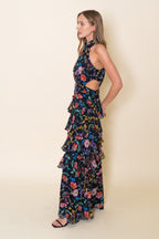 High Neck Halter Waist Cut-out Floral Ruffle Maxi Dress