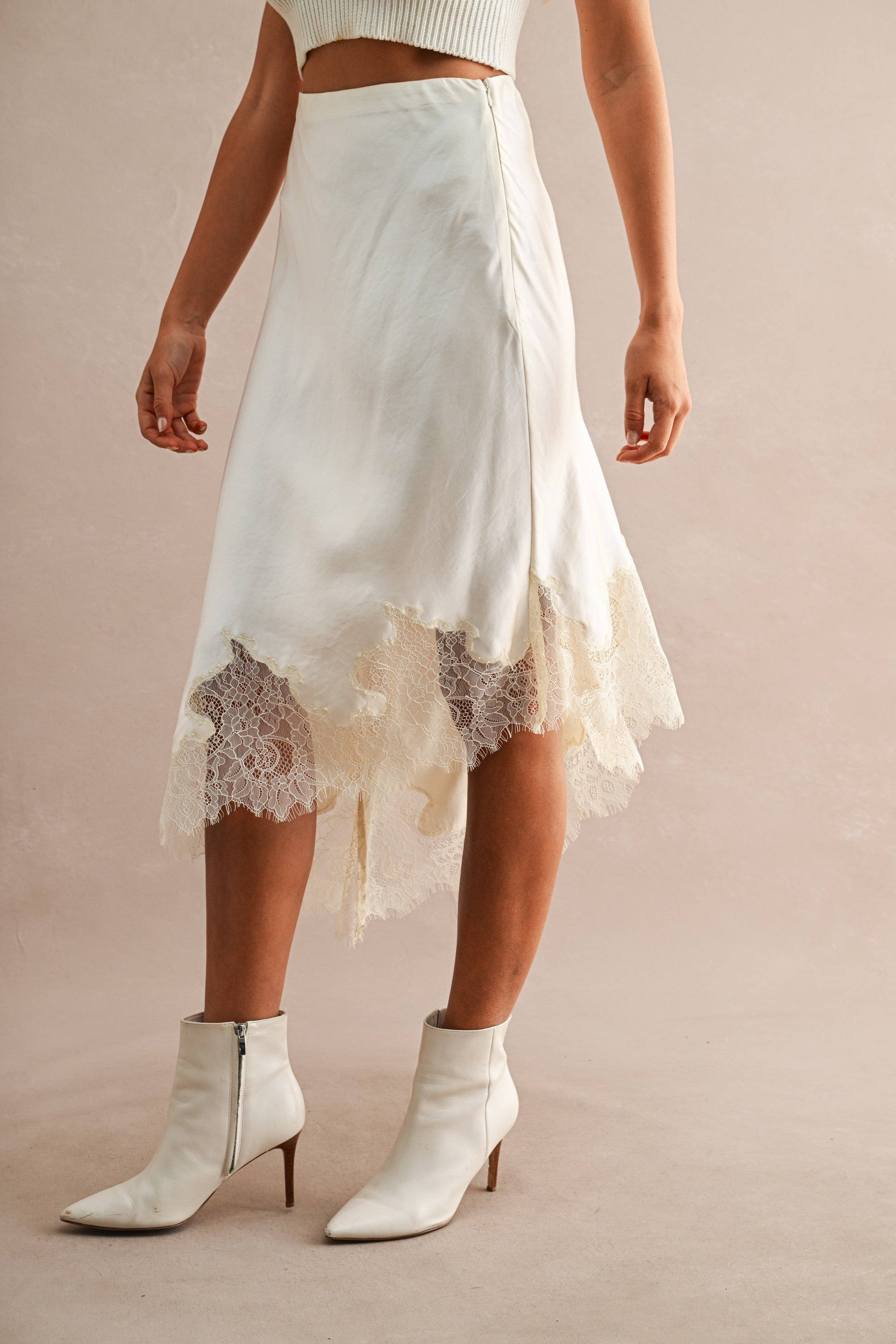Asymmetric Lace Trim Midi Skirt (Cream)