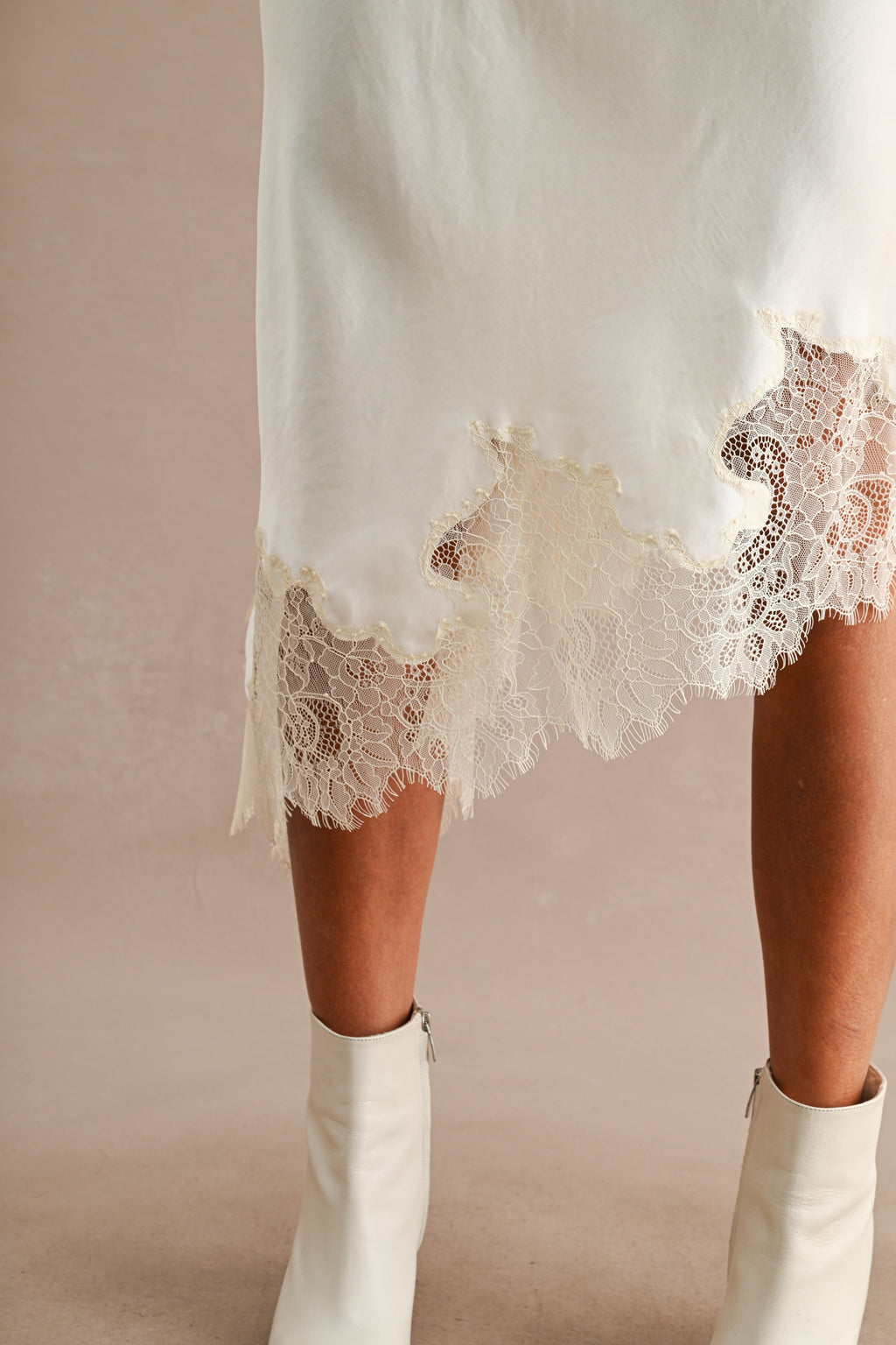 Asymmetric Lace Trim Midi Skirt (Cream)