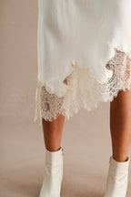 Asymmetric Lace Trim Midi Skirt (Cream)