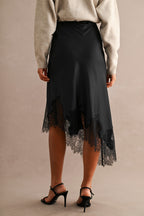 Asymmetric Lace Trim Midi Skirt (Black)