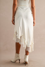 Asymmetric Lace Trim Midi Skirt (Cream)