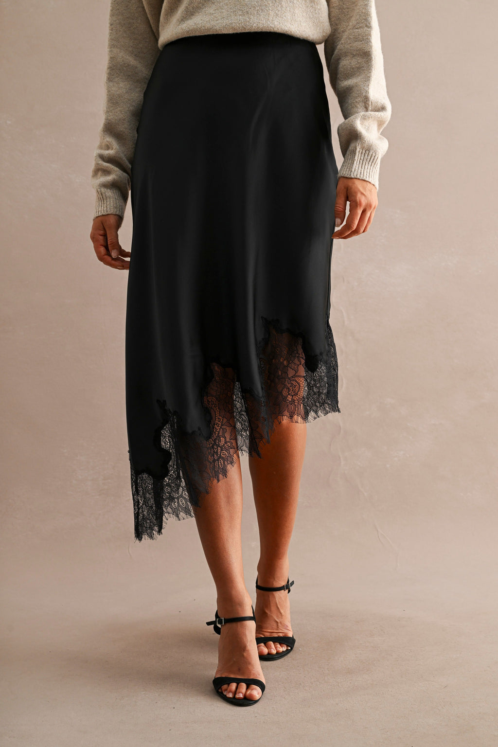 Asymmetric Lace Trim Midi Skirt (Black)
