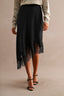 Asymmetric Lace Trim Midi Skirt (Black)