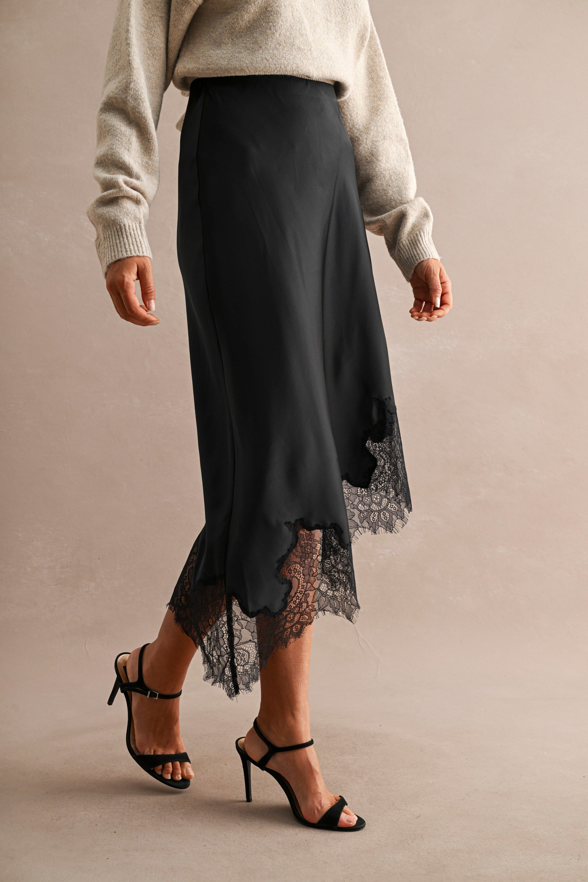 Asymmetric Lace Trim Midi Skirt (Black)