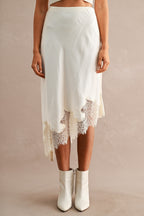 Asymmetric Lace Trim Midi Skirt (Cream)