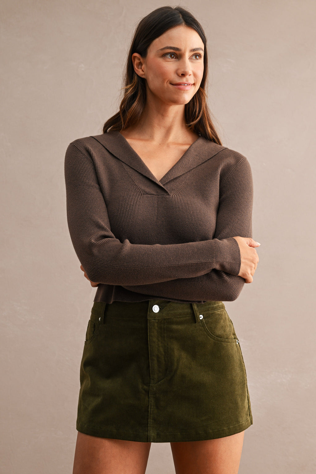 High-Waisted Corduroy Front Pockets Mini Skort (Olive)